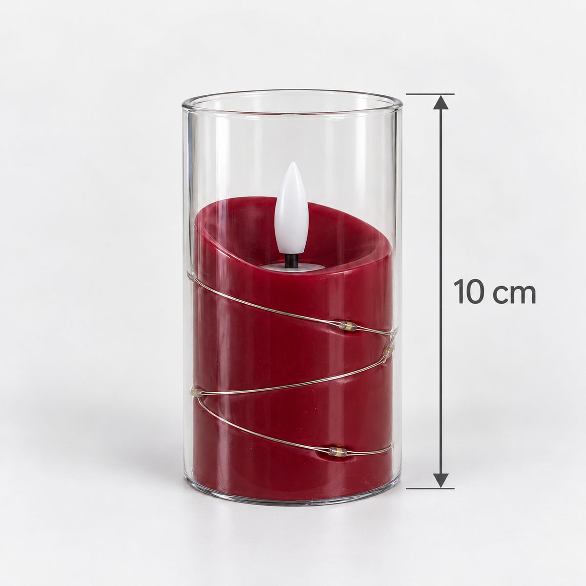Red LED candle cup with fairy lights measuring 10cm tall
