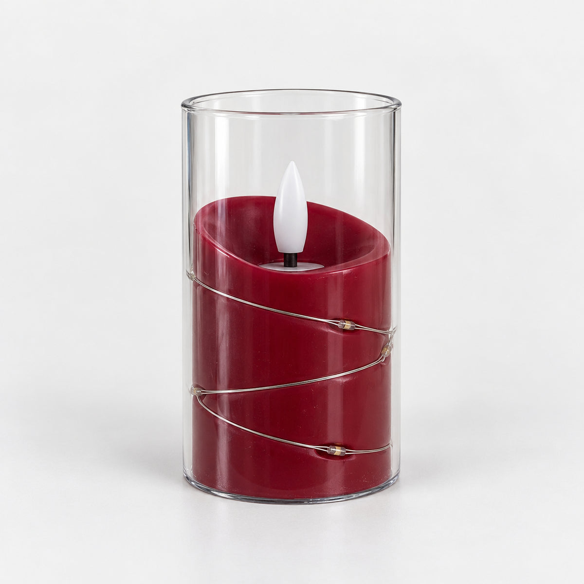 Red 10cm LED candle in a clear cup with fairy lights, switched off