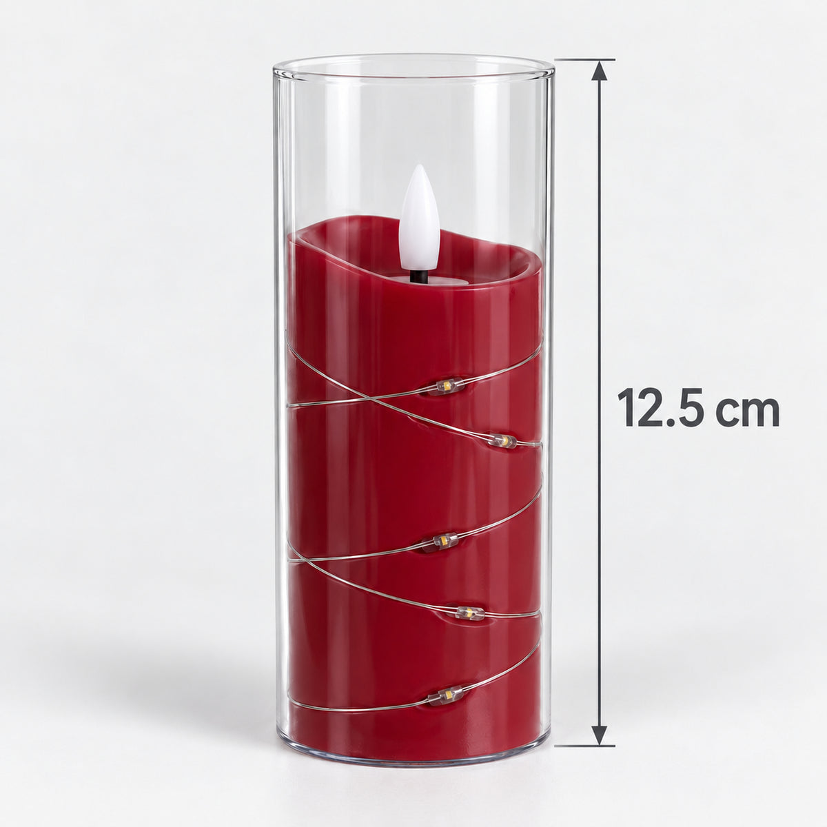Red LED candle cup with fairy lights measuring 12.5cm tall