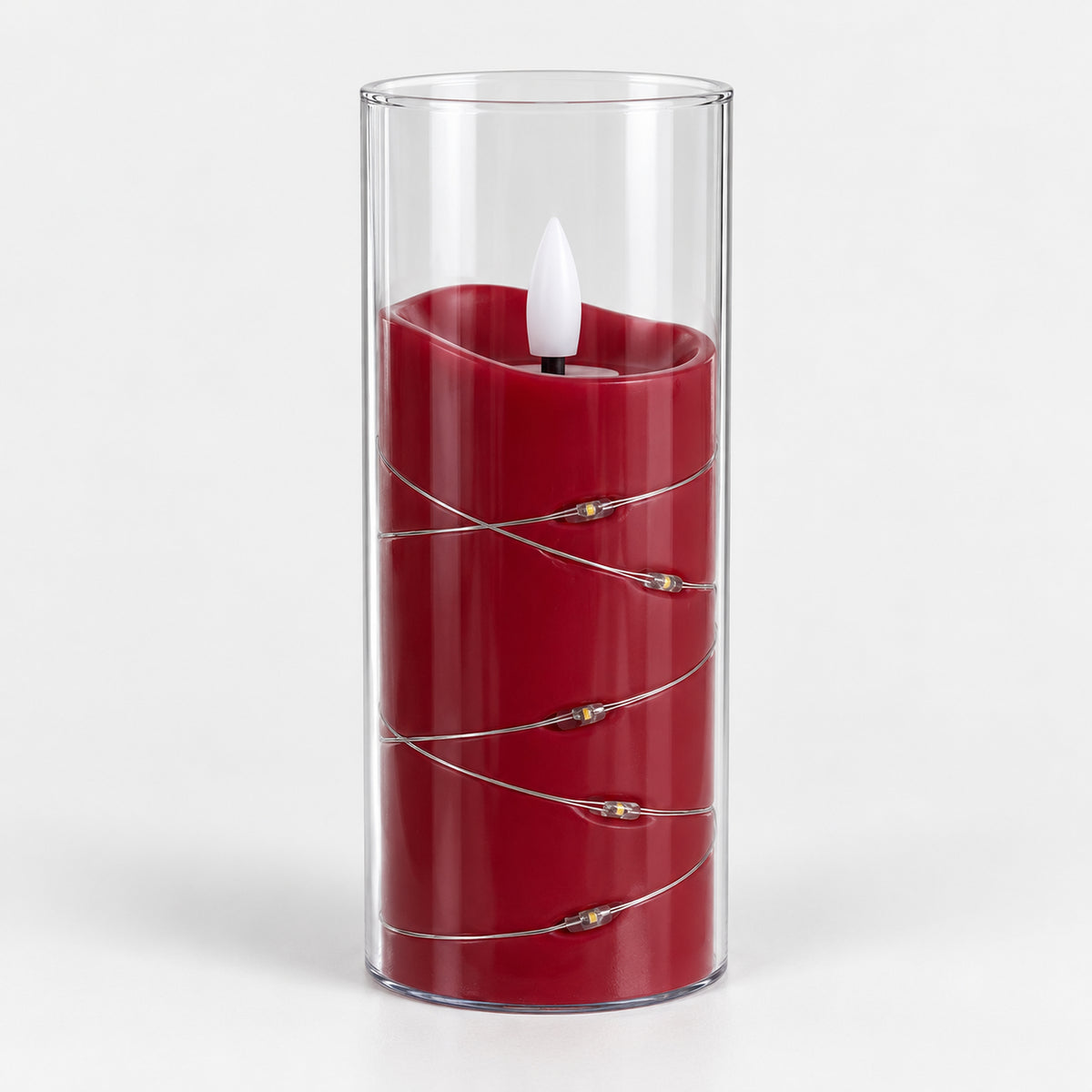 Red 12.5cm LED candle in a clear cup with fairy lights, switched off