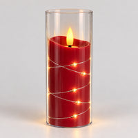 Red 12.5cm LED candle cup glowing with warm fairy lights