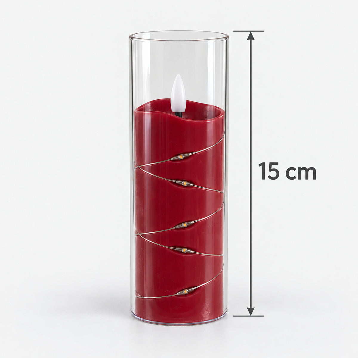 Red LED candle cup with fairy lights measuring 15cm tall