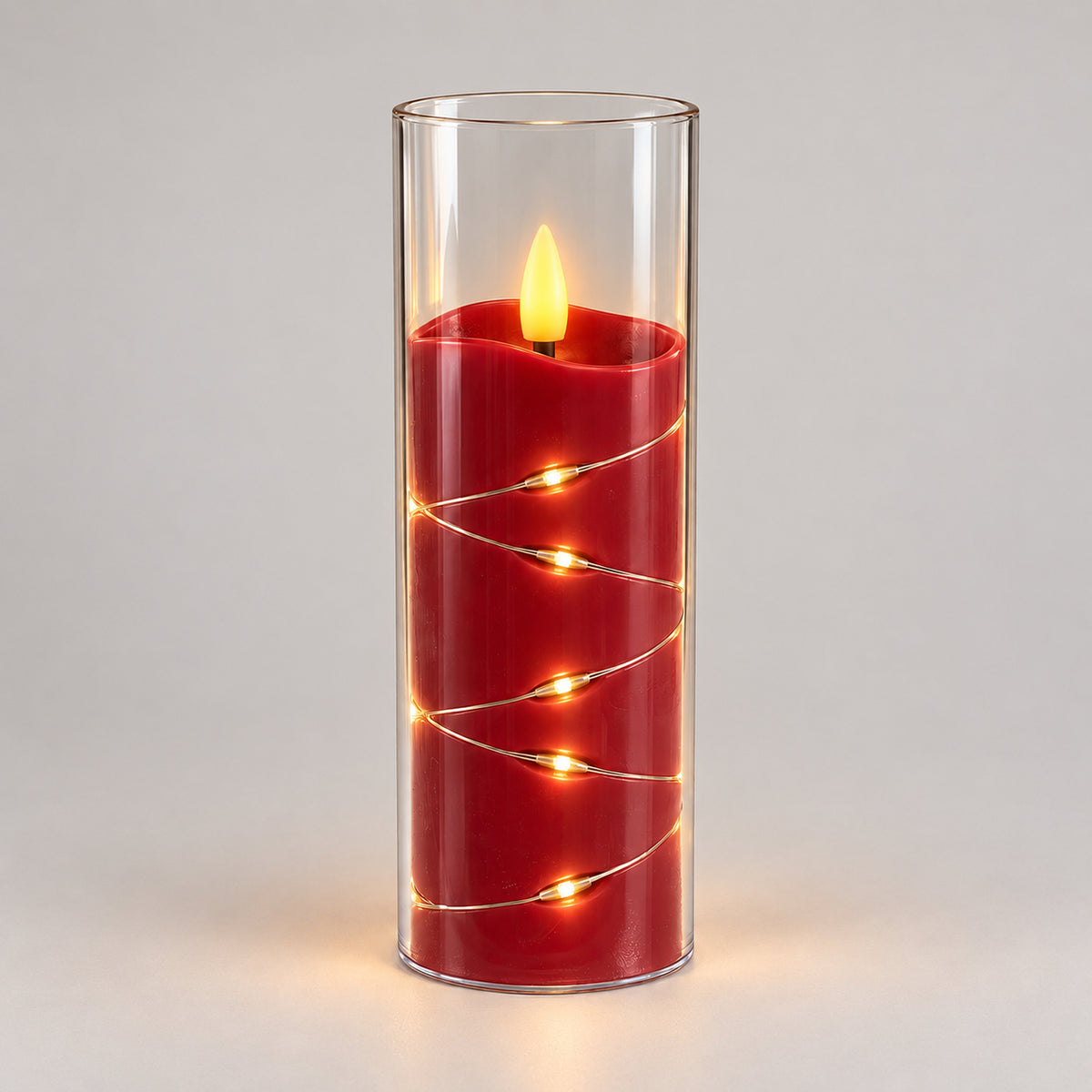 Red 15cm LED candle cup glowing with warm fairy lights