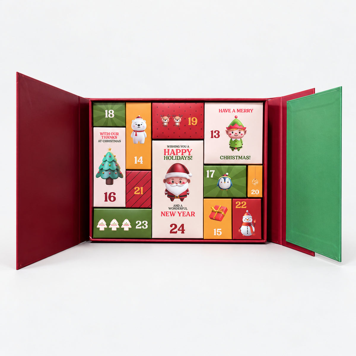 Red Best Gift Christmas advent calendar box open with numbered compartments