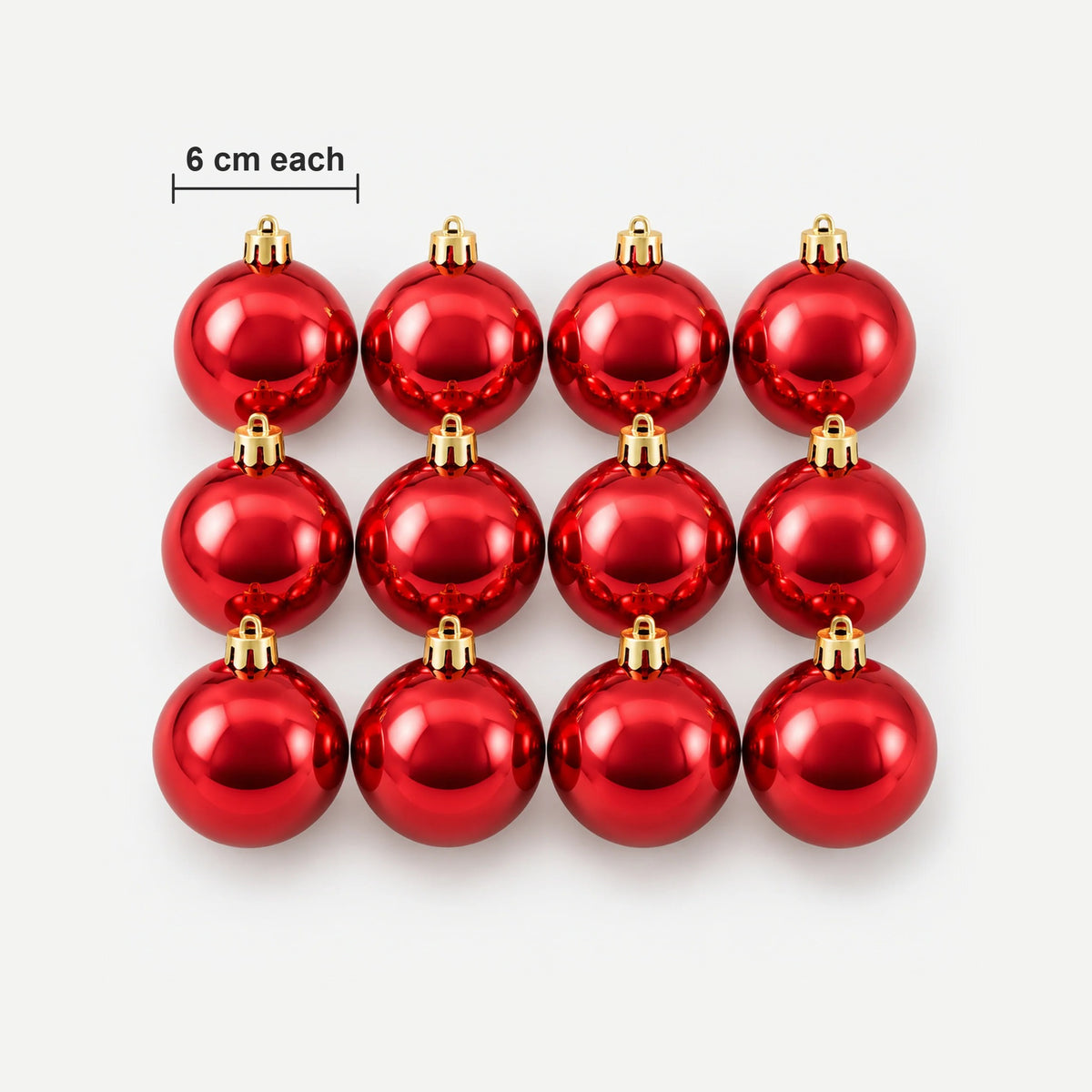 Red Christmas balls size: 6 cm wide each, pack of 12