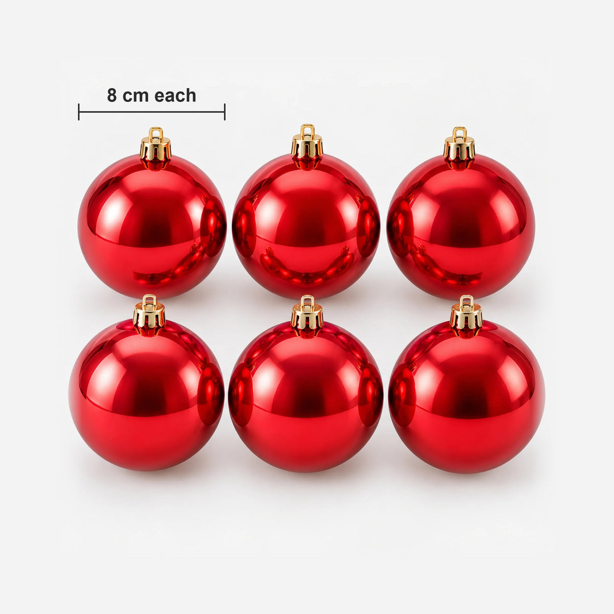 Red Christmas balls size: 8 cm wide each, pack of 6