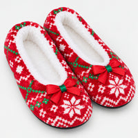 Red Fair Isle knit-print Christmas slippers with a red bow