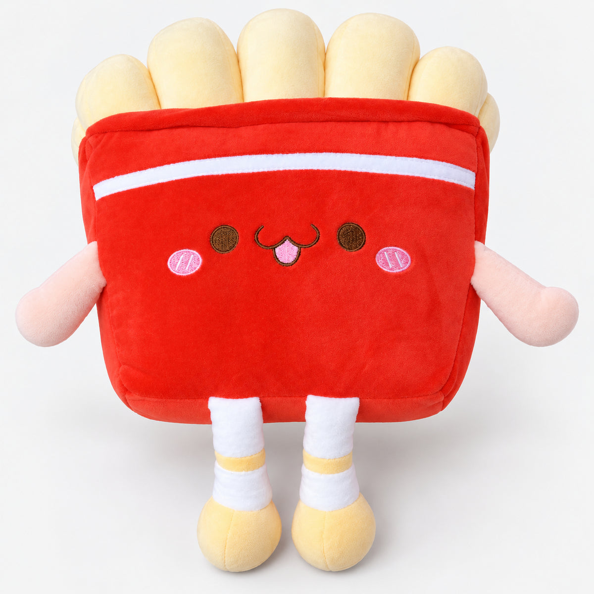 Red French fries plushie with a smiley face, soft arms and little legs
