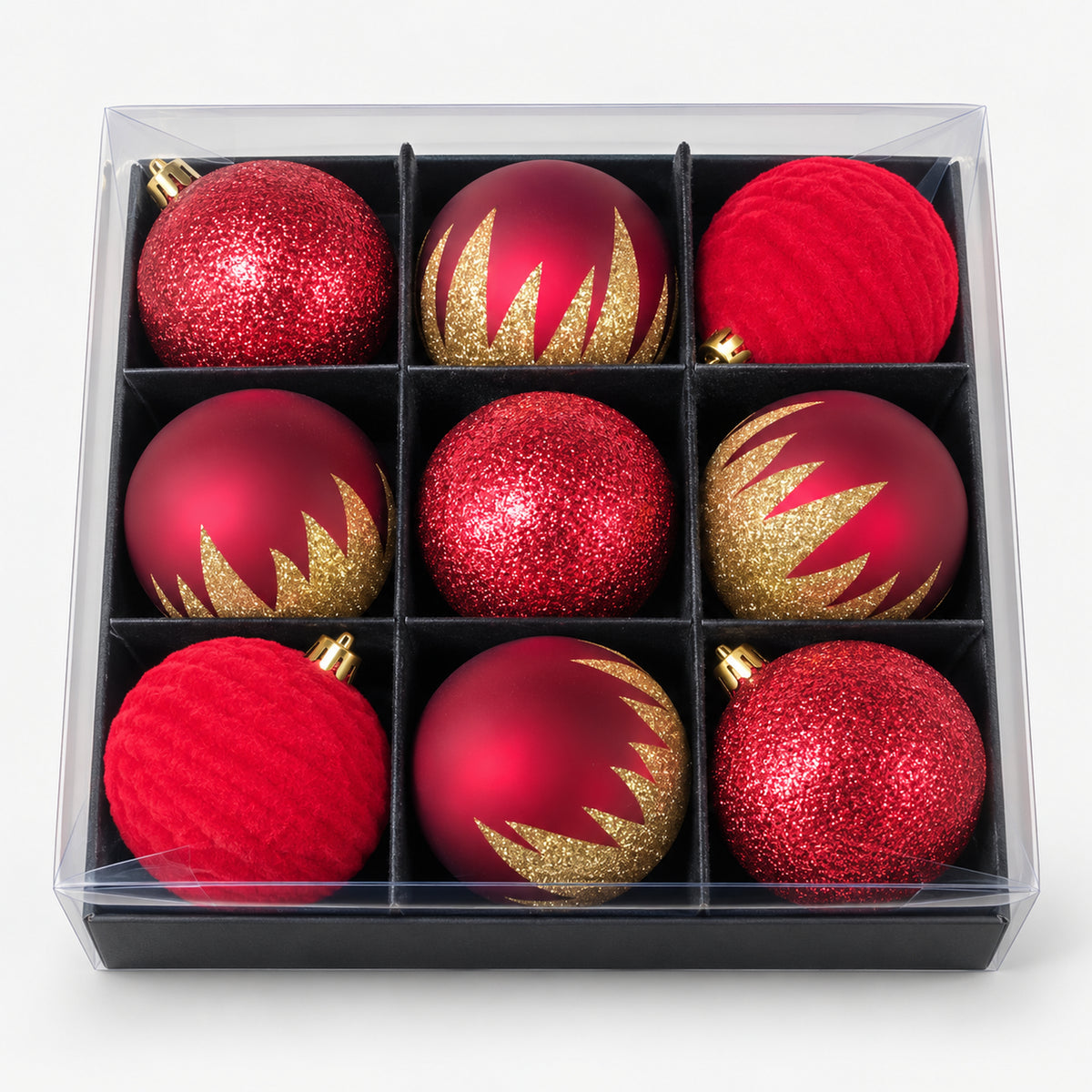Box of 9 red and gold Christmas balls, 8cm: glitter, velvet and gold flame designs