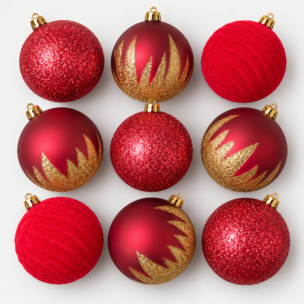 9 red Christmas balls with gold caps: red glitter, red velvet and matte red with gold glitter