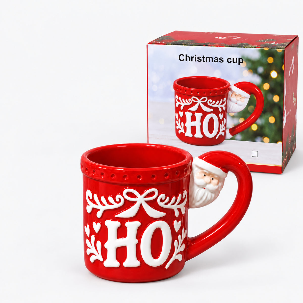 Red HO Christmas mug next to its Christmas cup gift box