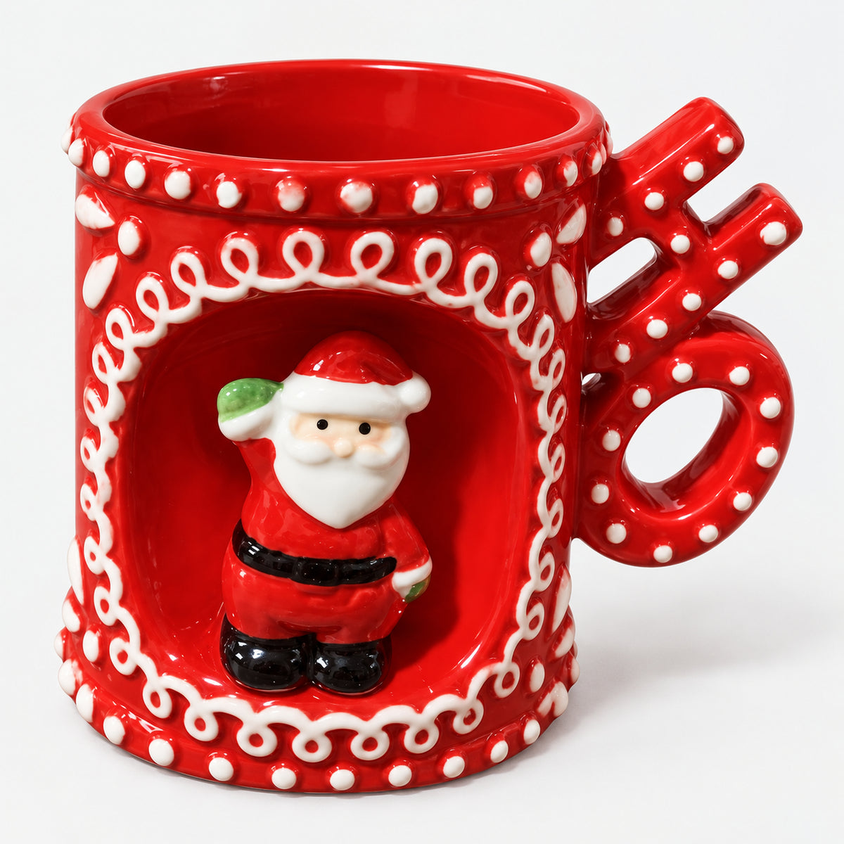 Red Christmas mug with a 3D standing Santa and a handle shaped like HO