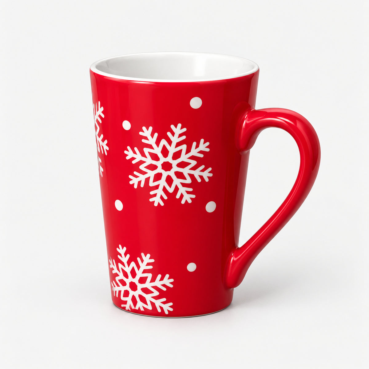Red Christmas mug with white snowflakes and dots