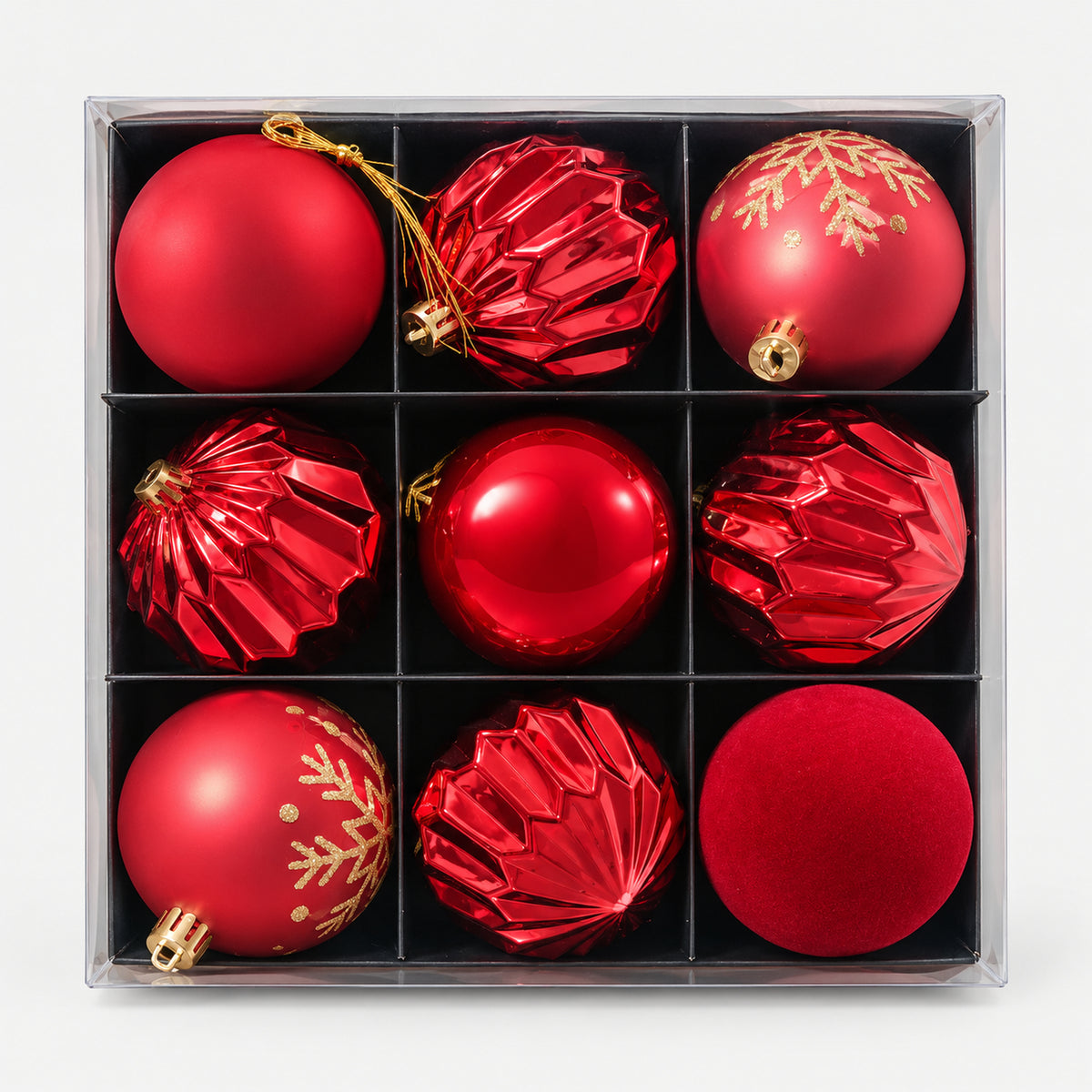 Box of 9 red Christmas balls, 8cm: shiny, faceted, matte, velvet and gold snowflake