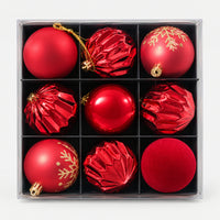 Box of 9 red Christmas balls, 8cm: shiny, faceted, matte, velvet and gold snowflake