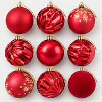 9 red Christmas balls with gold caps and strings in a mix of finishes