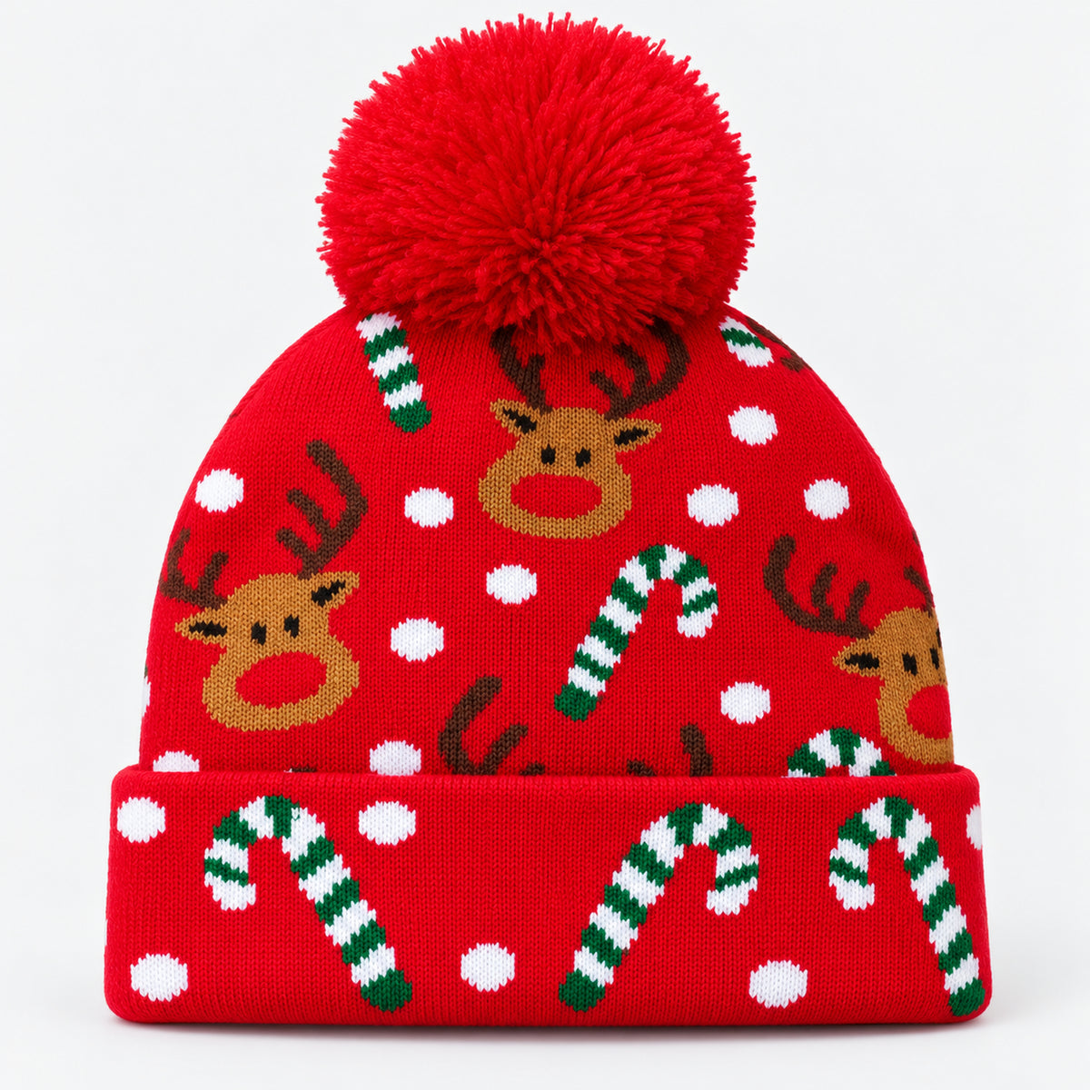 Red Christmas knit beanie with reindeer, candy canes and a red pom pom