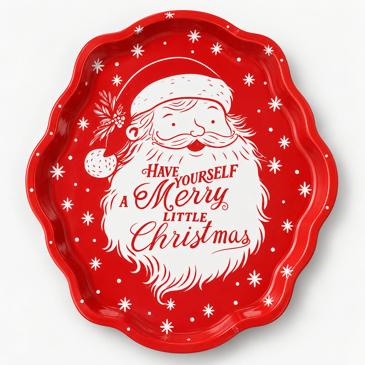 Red Santa Christmas serving tray with a Merry Christmas message