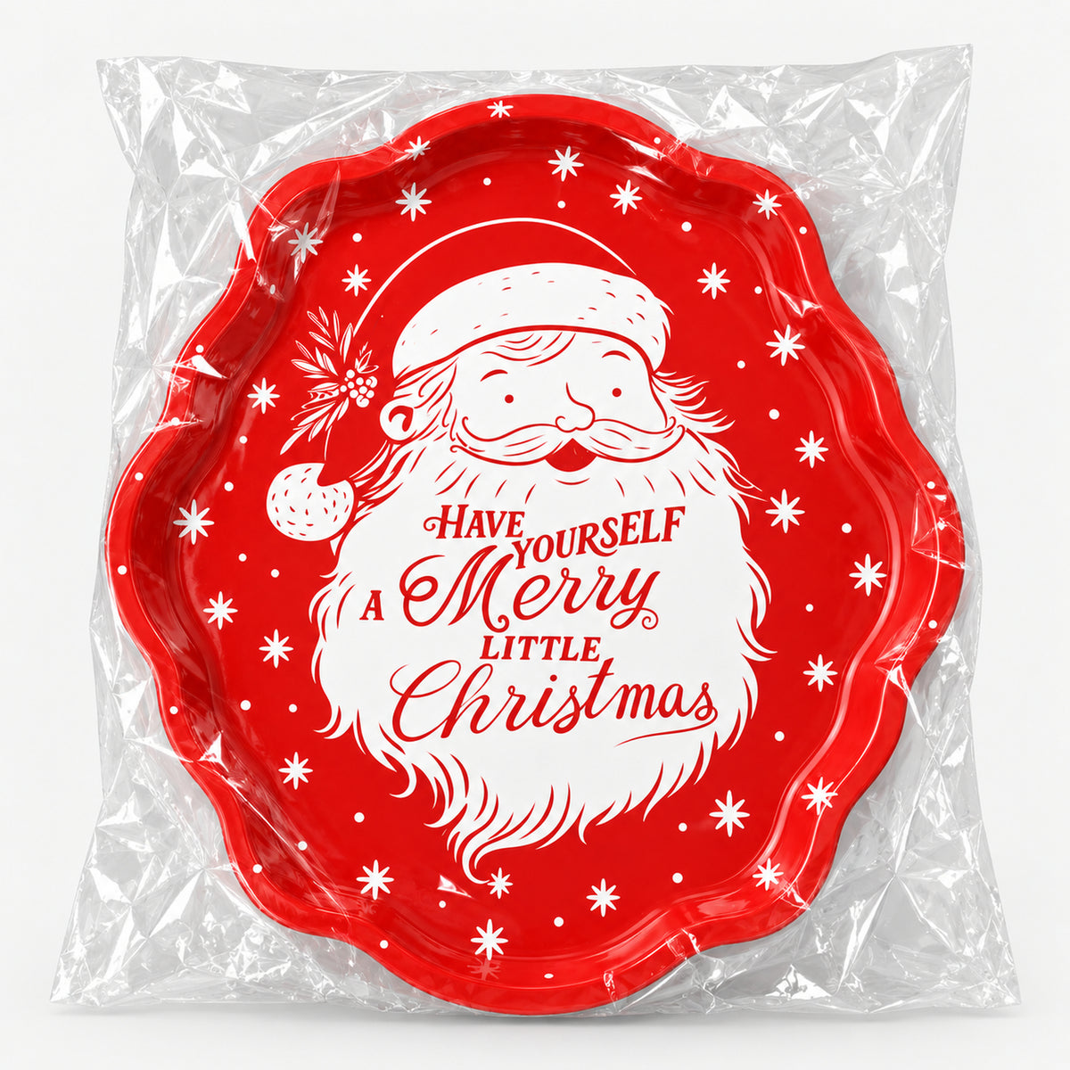 Red Santa serving tray in its clear wrap