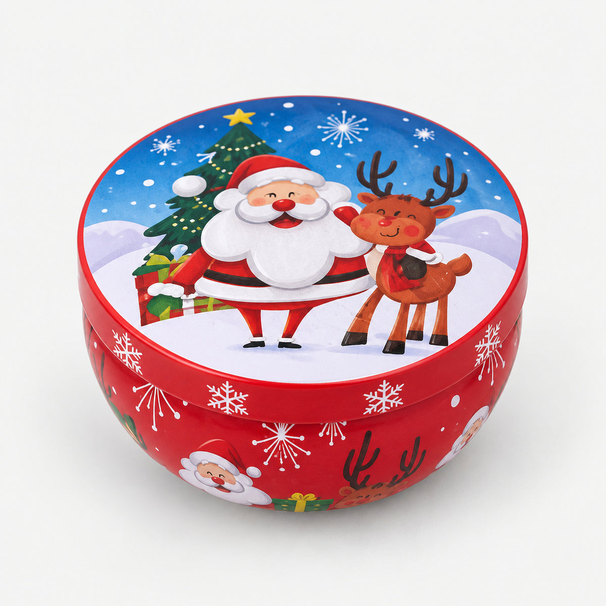 Red Christmas candle tin with Santa and a reindeer