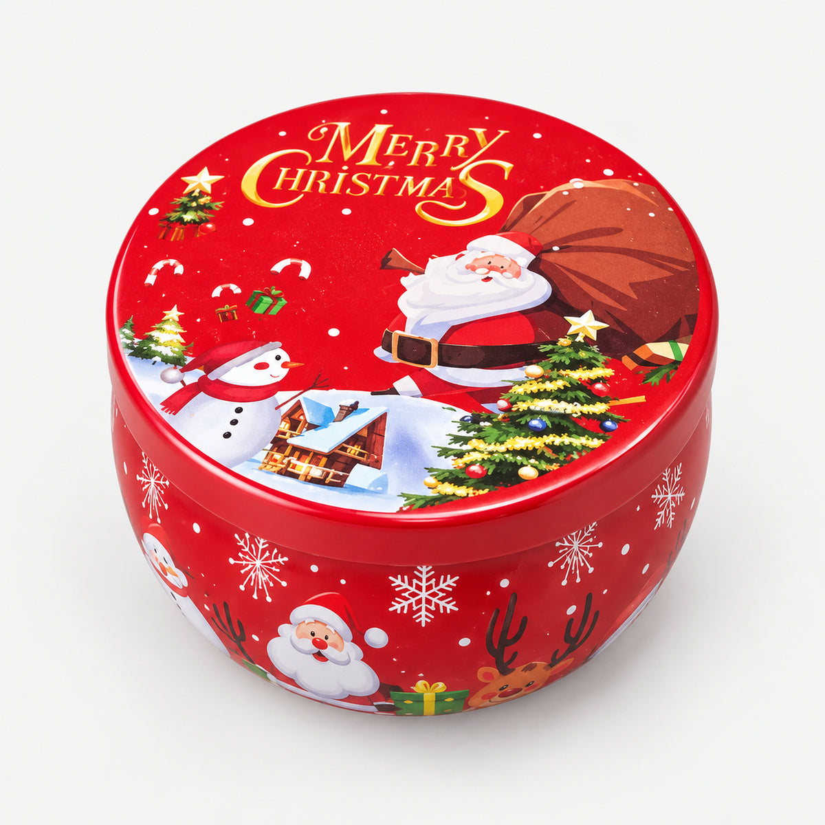 Red Christmas candle tin with Santa and his sack