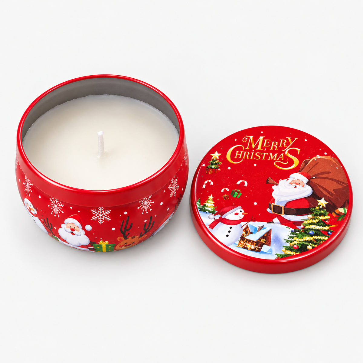 Red Christmas candle tin with Santa and his sack, open with a white candle inside