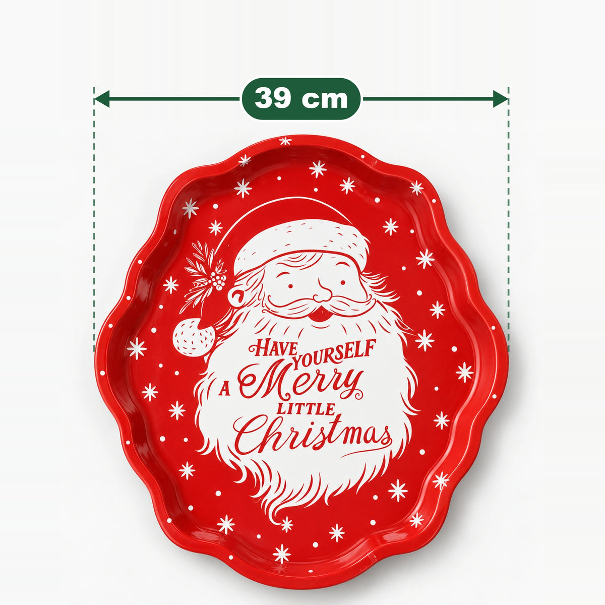 Red Santa serving tray measuring 39 cm across