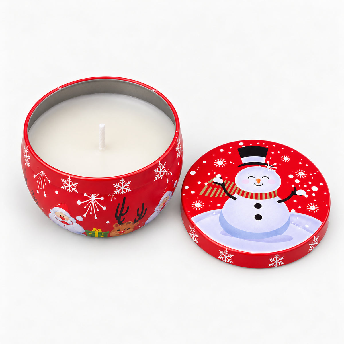 Red Christmas candle tin with a snowman, open with a white candle inside