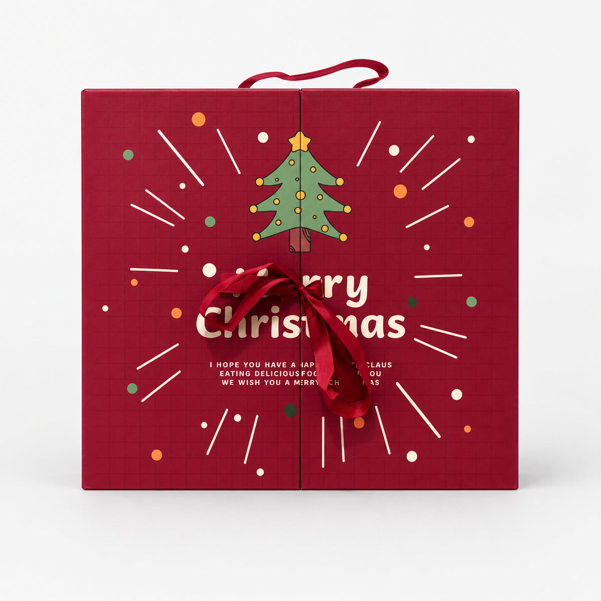 Red Christmas tree advent calendar gift box with a ribbon and handle