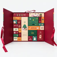 Red tree Christmas advent calendar gift box open with 24 numbered compartments