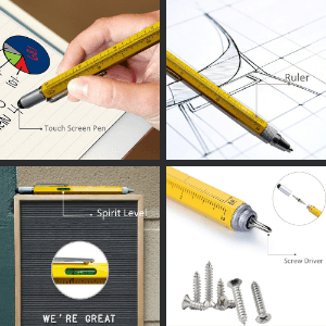 6-in-1 pen used as a stylus, ruler, spirit level and screwdriver