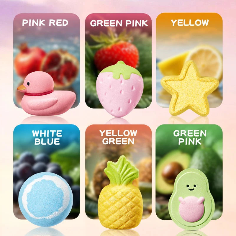 6 bath bomb shapes: duck, strawberry, star, grape ball, pineapple and avocado