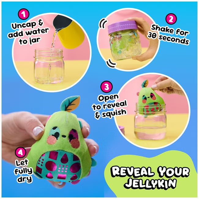 How to reveal your Jellykin: add water, shake, open and dry