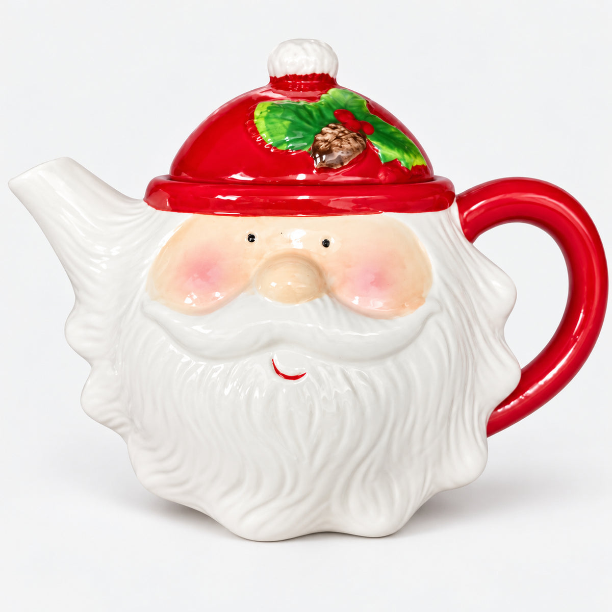 Santa face Christmas teapot with a red hat lid, holly and a red handle