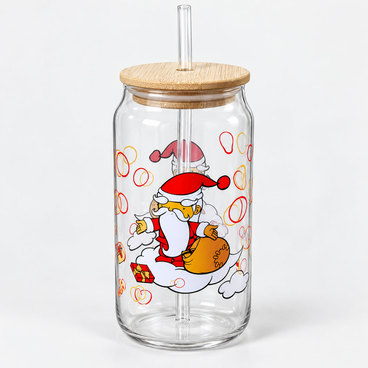 Christmas glass can cup with Santa carrying his gift sack, a lid and a straw
