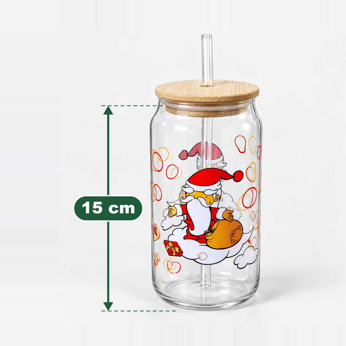 Santa with gift sack glass cup measuring 15 cm high without the lid