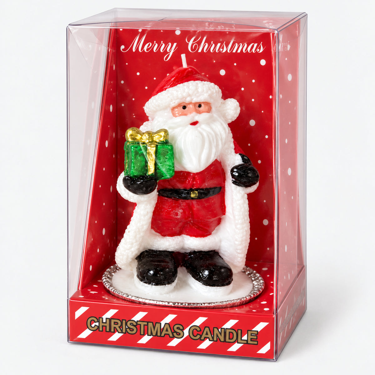 Santa Christmas candle in a clear Merry Christmas gift box
