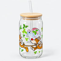 Christmas glass can cup with Santa and his reindeer, a lid and a straw