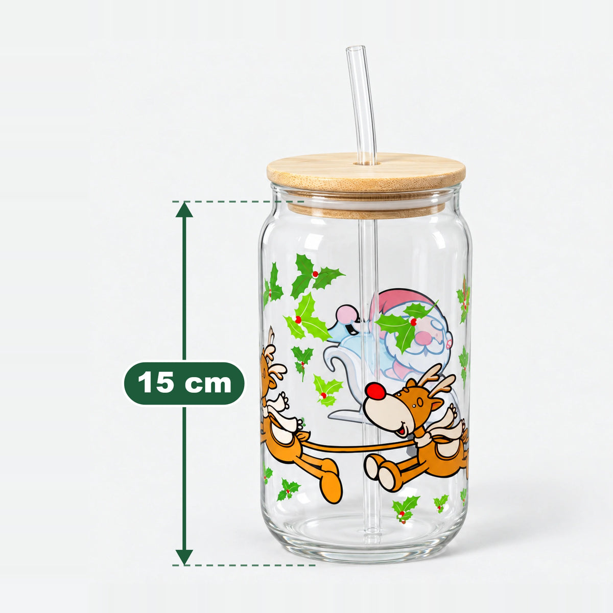 Santa and reindeer glass cup measuring 15 cm high without the lid