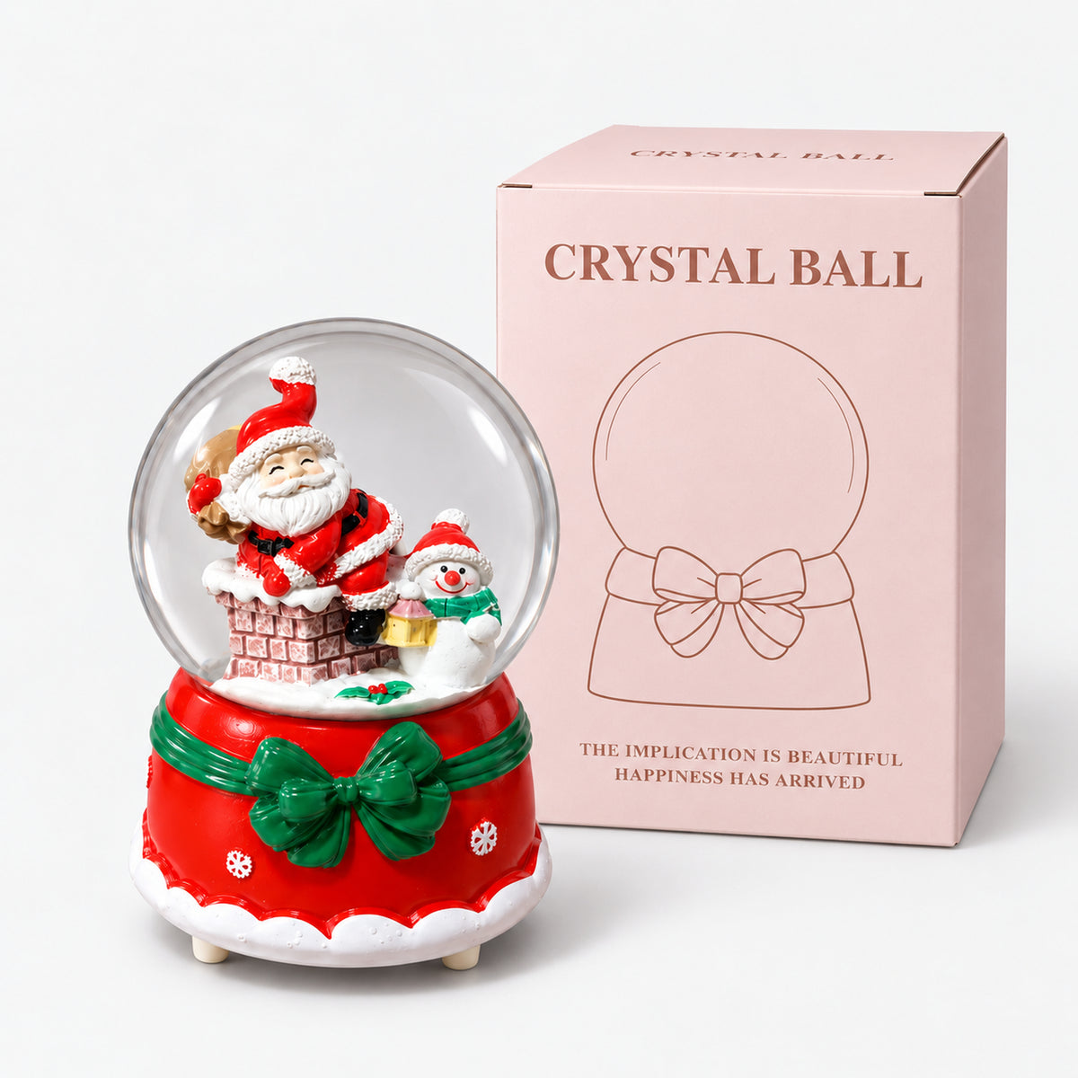Santa chimney crystal ball next to its pink Crystal Ball gift box