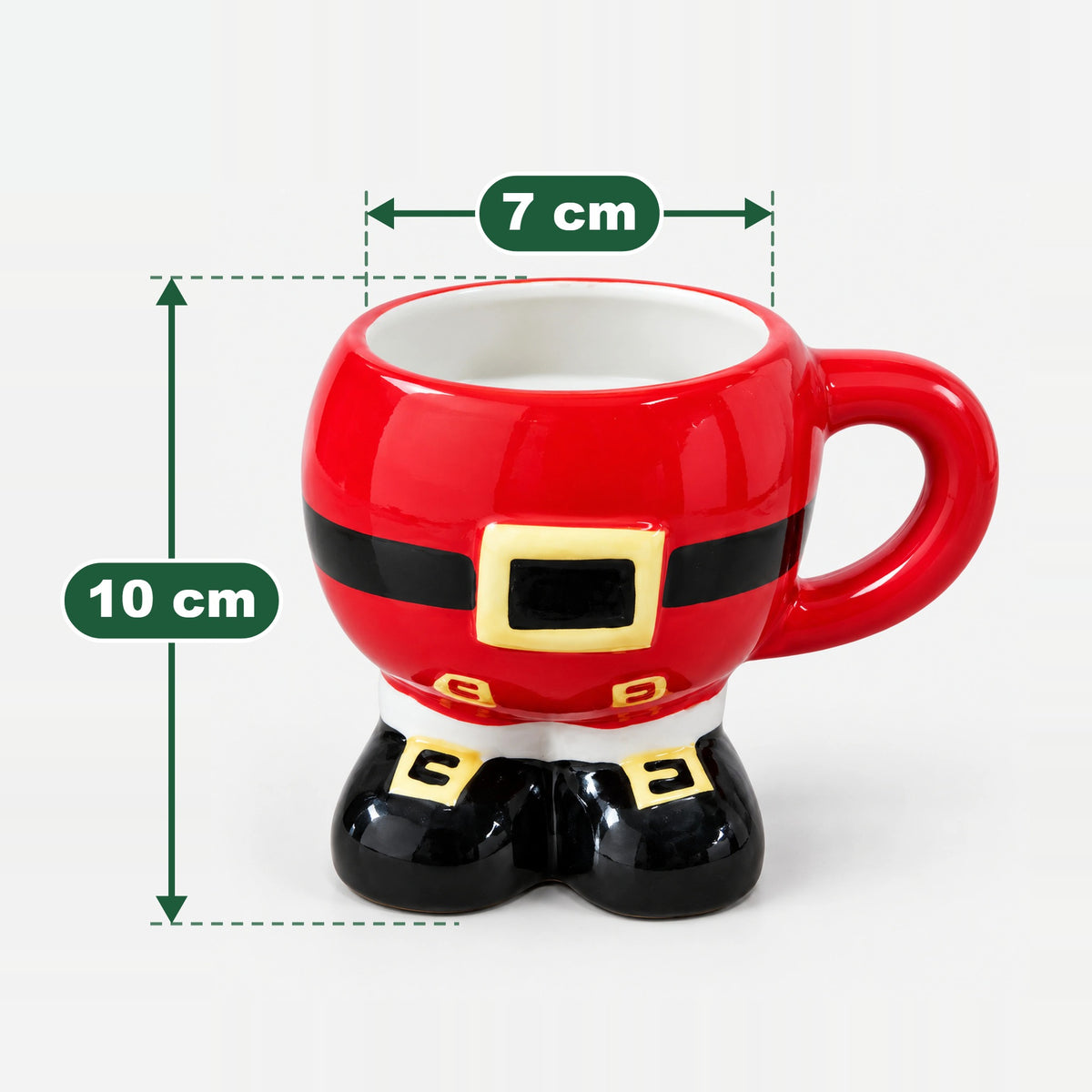 Santa suit boots mug measuring 10 cm high and 7 cm wide at the top