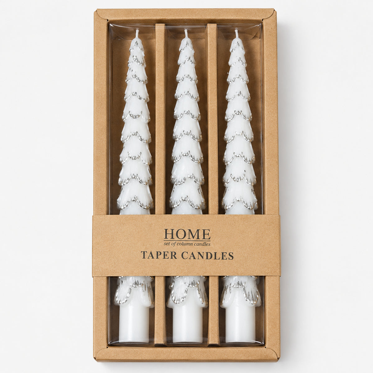 Silver Christmas tree taper candles in a kraft window box