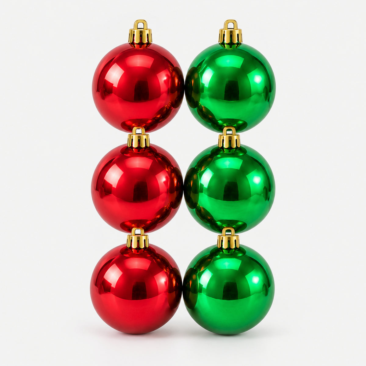 6 shiny Christmas balls, 3 red and 3 green, with gold caps