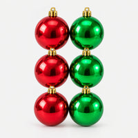 6 shiny Christmas balls, 3 red and 3 green, with gold caps