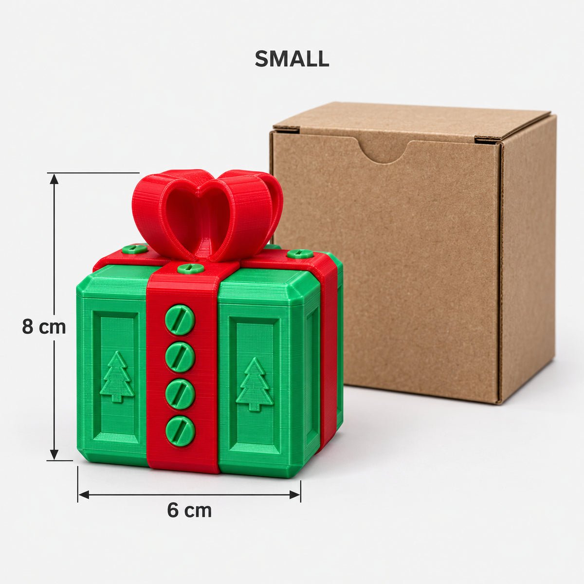 Small green & red prank gift box next to its kraft box