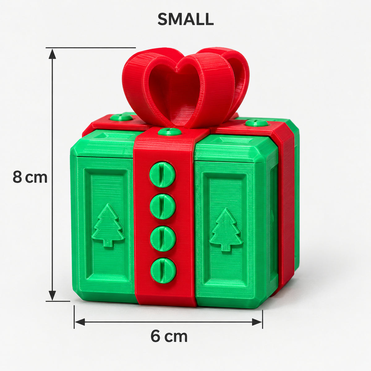 Small green & red prank gift box with screws and a bow, 6 x 8 cm