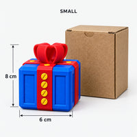 Small blue & red prank gift box next to its kraft box