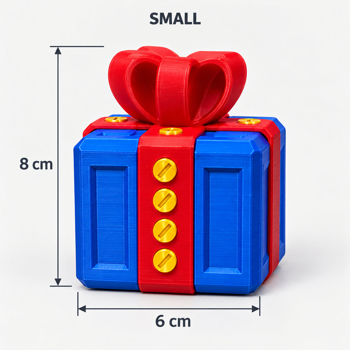 Small blue & red prank gift box with screws and a bow, 6 x 8 cm
