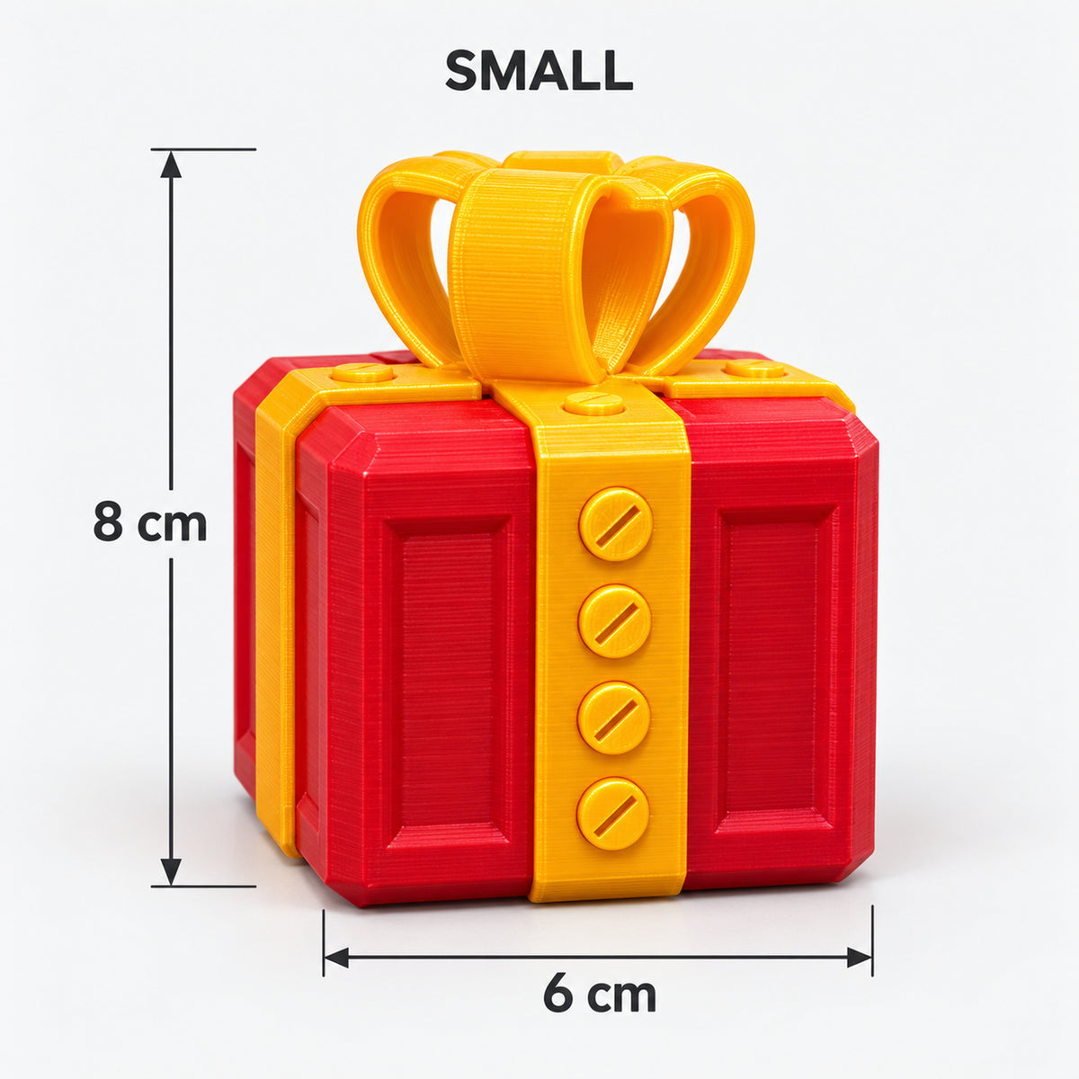 Small red & gold prank gift box with screws and a bow, 6 x 8 cm
