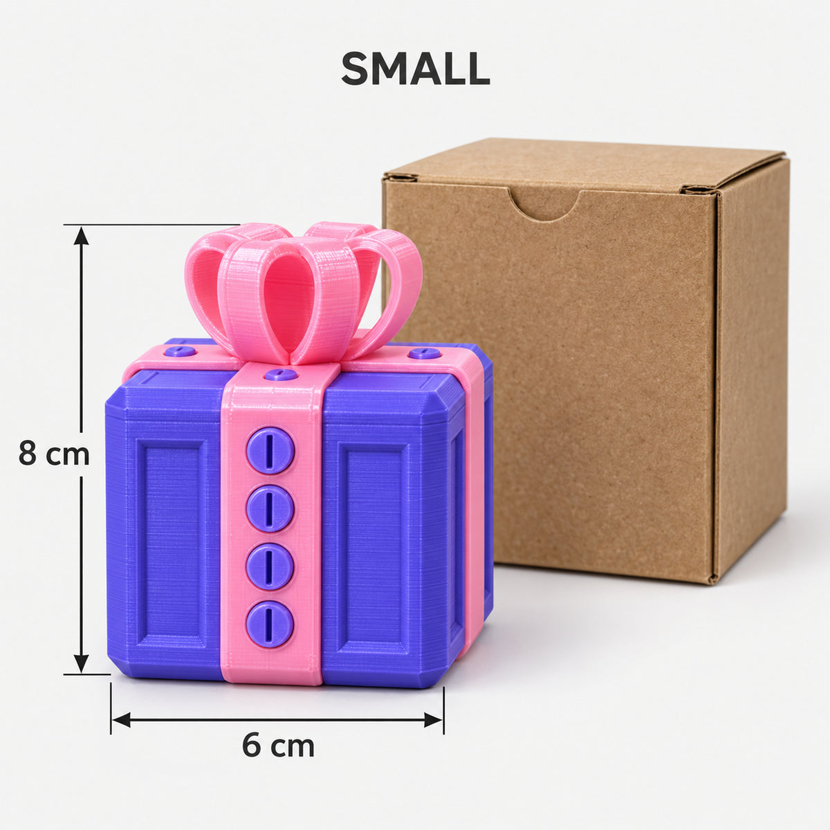 Small purple & pink prank gift box next to its kraft box